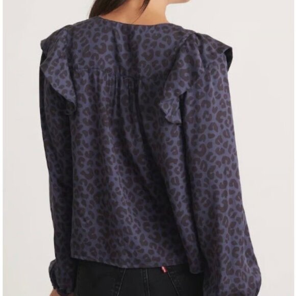 new nwt Sz Small S Marine Layer Rory Long Sleeve Ruffle Blouse Cheetah Blue - Picture 2 of 3